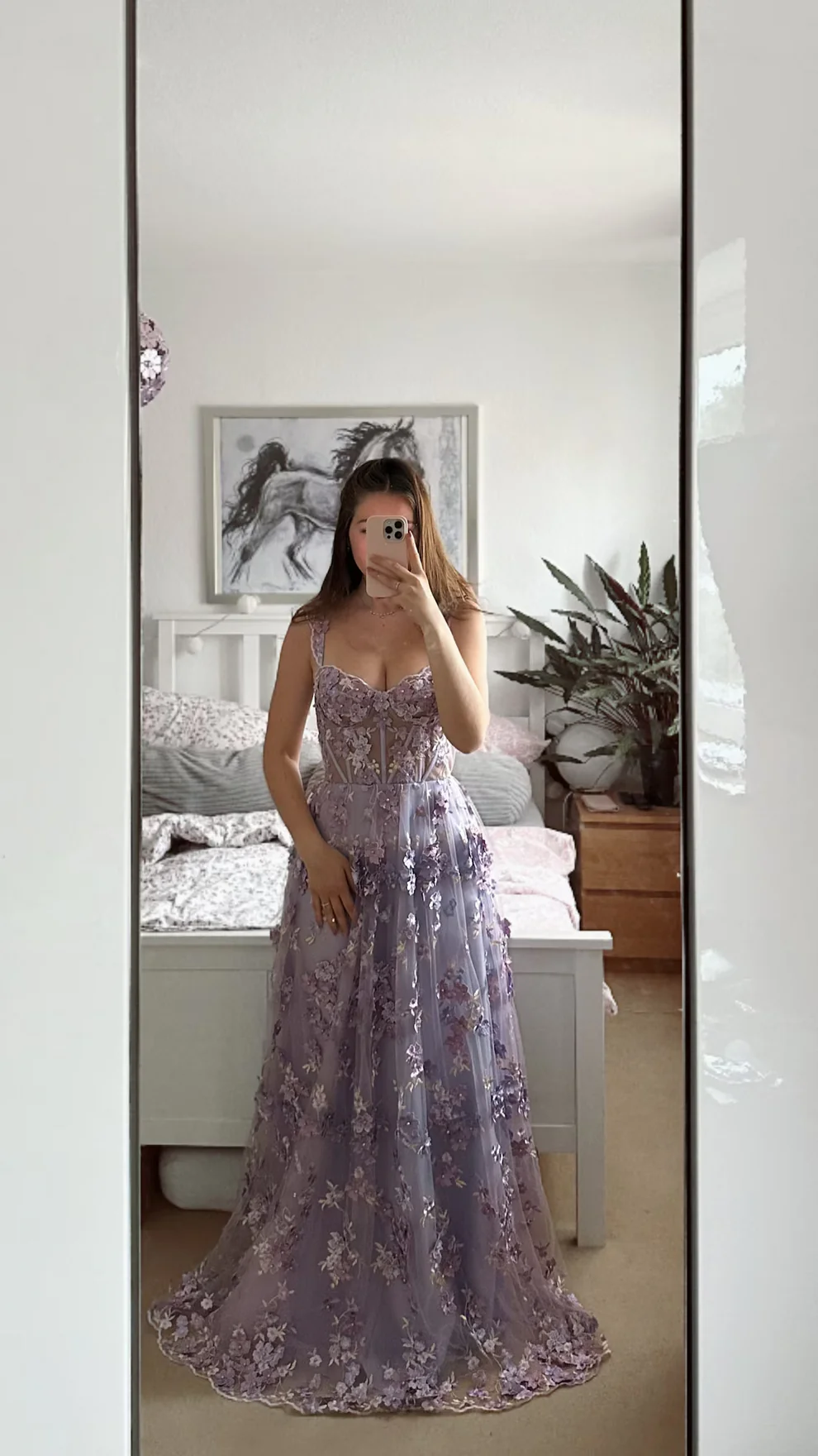 Pretty Tulle Lace Appliques Prom Dress,Lavender A Line Evening Dress cc2623