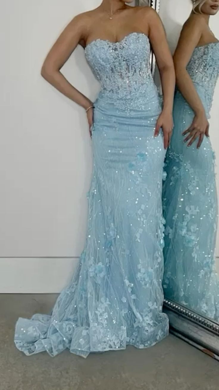Charming Blue Strapless Appliques Mermaid Party Evening Dress cc2334