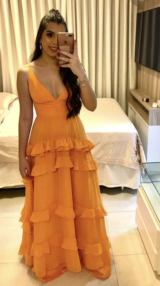 Elegant A-line Orange V Neck Long Prom Dress cc546