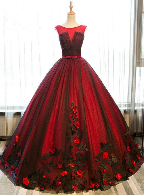 Black And Red Tulle Satin Appliques Sweet 16 Ball Gown Quinceanera Dress cc2215