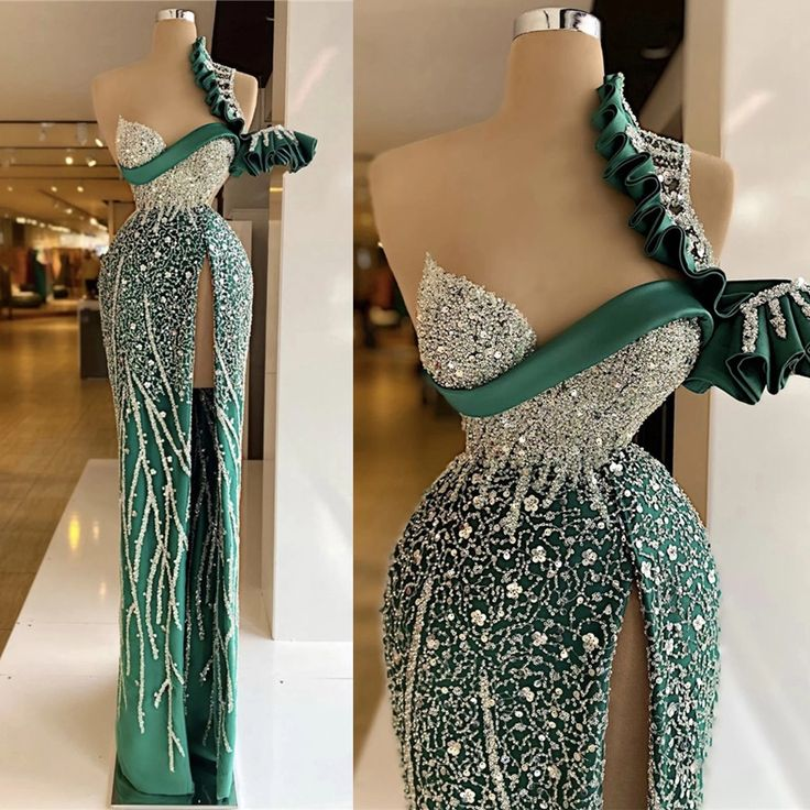 One Shoulder Green Mermaid Evening Dresses Crystal Beaded High Side Split Formal Prom Gowns Custom Made Plus Size Pageant Wear Party Dress C2075