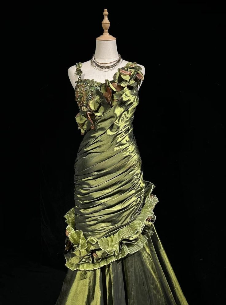 Vintage Green Satin Pleated Beaded Prom Party Dress,Long Mermaid Evening Dress cc2998