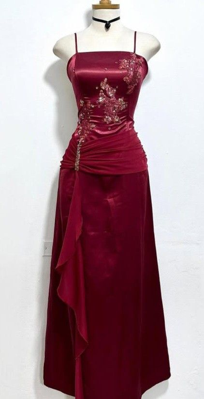 Burgundy Satin Beaded Chiffon Evening Dress Long Party Prom Dress cc2853