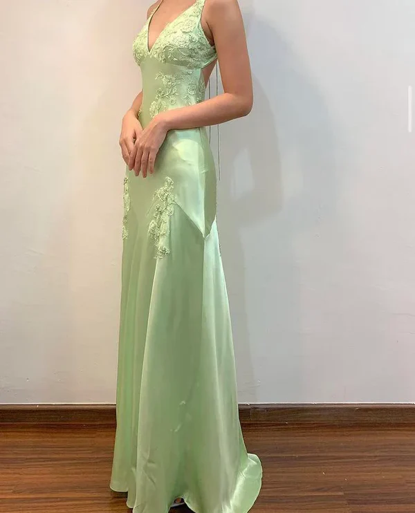 Sexy Mint Green V-Neck Beaded Prom Dress Evening Dress Backless Party Gown cc2053