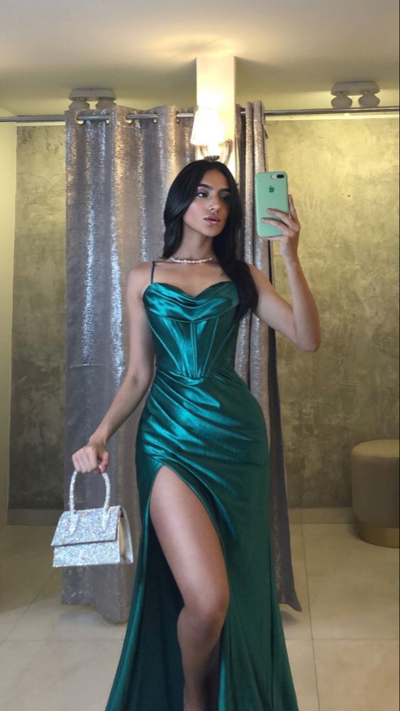 Emerald Green Spaghetti Strap Long Mermaid Prom Dress With Split cc1231
