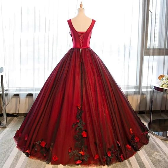 Black And Red Tulle Satin Appliques Sweet 16 Ball Gown Quinceanera Dress cc2215