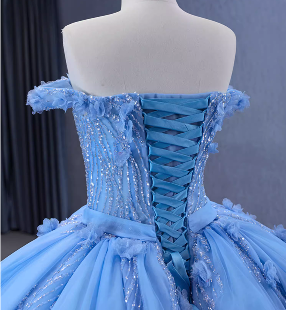 Glitter Blue Ball Gown Tulle Off the Shoulder Sequins Appliques Prom Dress cc1724