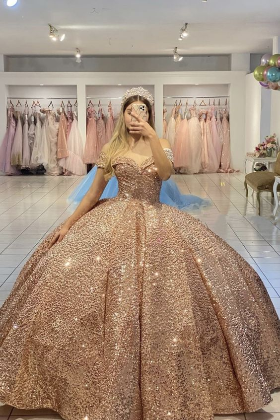 Rose Gold Sequin Quinceanera Dress Off The Shoulder Ball Gown cc1085