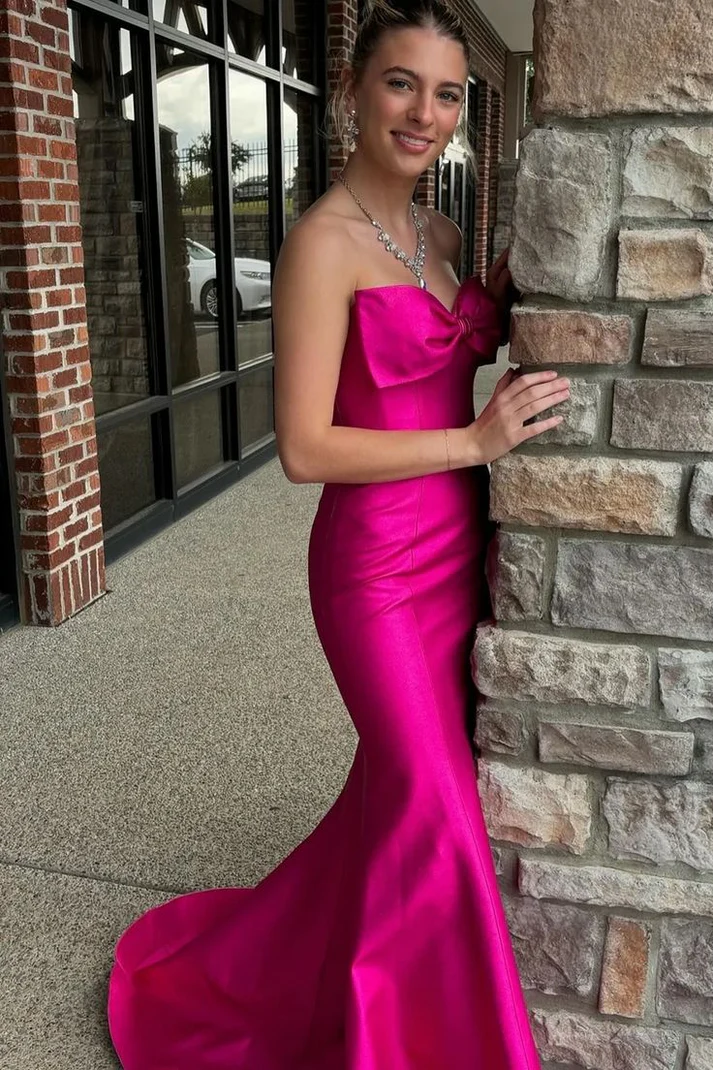 Chic Bow Strapless Mermaid Evening Dress Hot Pink Prom Dress cc2303