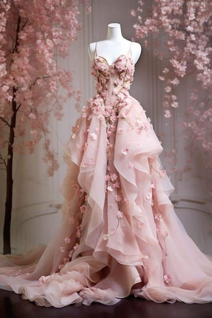 Sweet Pink Tulle Appliques Ball Gown Spaghetti Straps Floral Prom Evening Dress cc2384