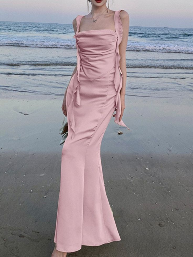Sweet Pink Mermaid Evening Dress Satin Long Slit Prom Dress cc2105