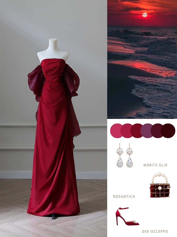 Burgundy Strapless Pleats Prom Dress Elegant Mermaid Evening Dress Wedding Party Dress cc1440