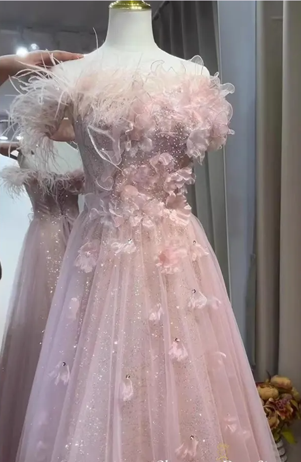 Pink Fairy Feathers Sequins Appliques Evening Dress A Line Formal Ball Gown cc1646