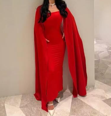 Red Satin Mermaid Evening Dress Saudi Arabia Prom Dresses cc695