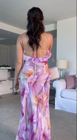 Beautiful Chiffon Print Floral Ruffles Evening Dress,Slit Long Prom Party Gown cc2543