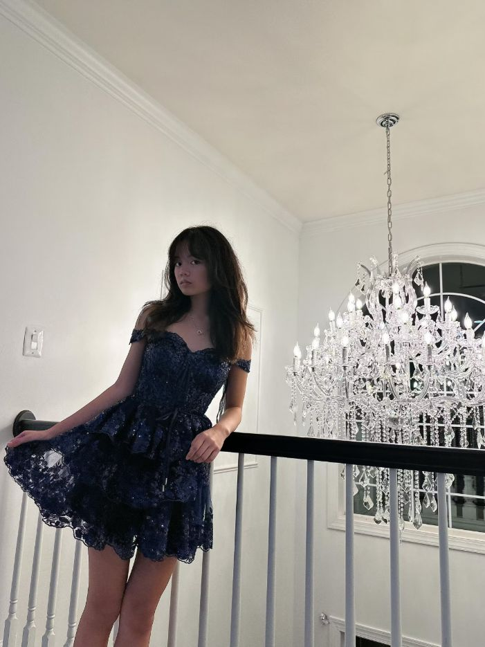 Sexy Off The Shoulder Tulle Lace Layered Homecoming Dress,Navy Blue Short Prom Dress cc2549