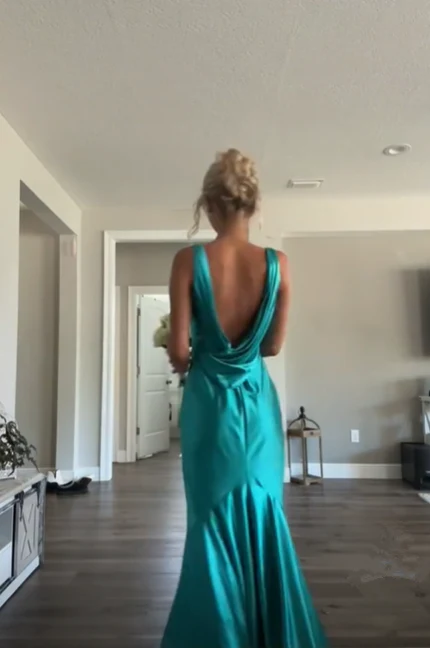 Elegant Sleeveless Mermaid Satin Long Prom Dress V Neck Party Dress cc1593