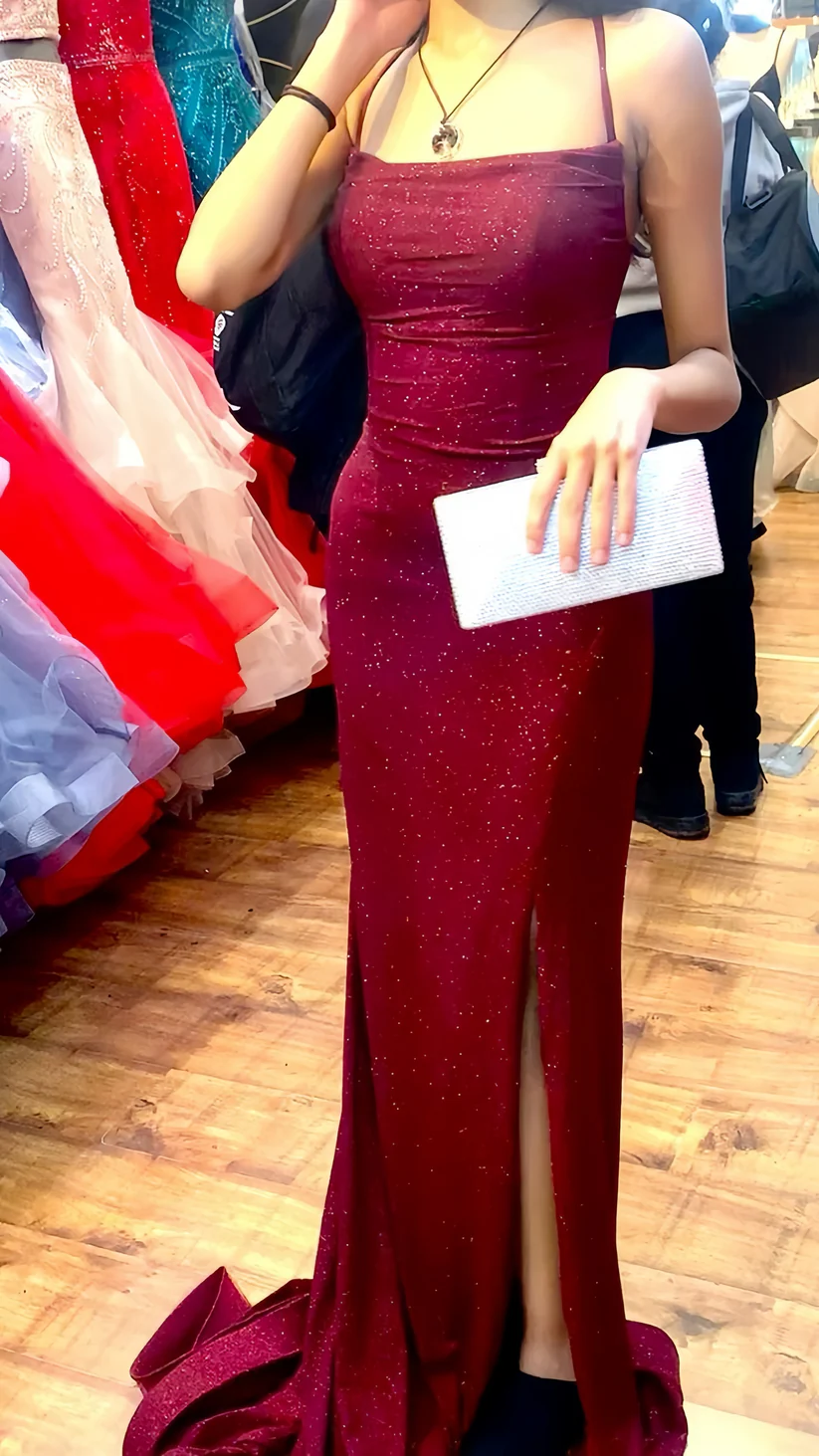 Shiny Burgundy Mermaid Split Prom Party Dress Long Evening Gown cc1825