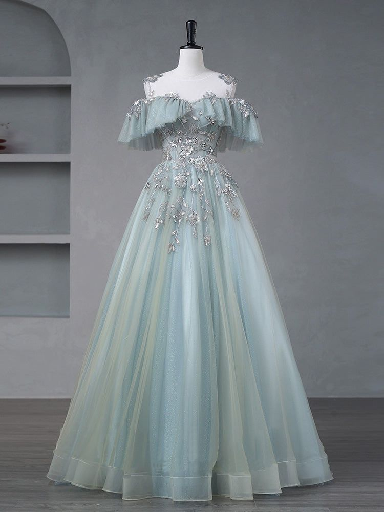Elegant Off The Shoulder Tulle Appliques Prom Dress,Formal A Line Party Evening Gown cc2821