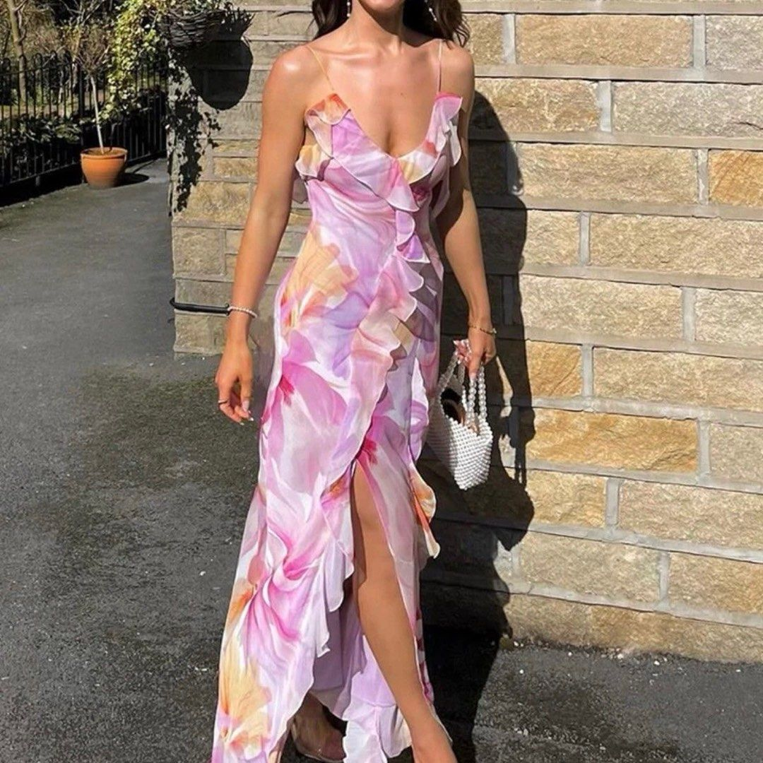 Beautiful Chiffon Print Floral Ruffles Evening Dress,Slit Long Prom Party Gown cc2543