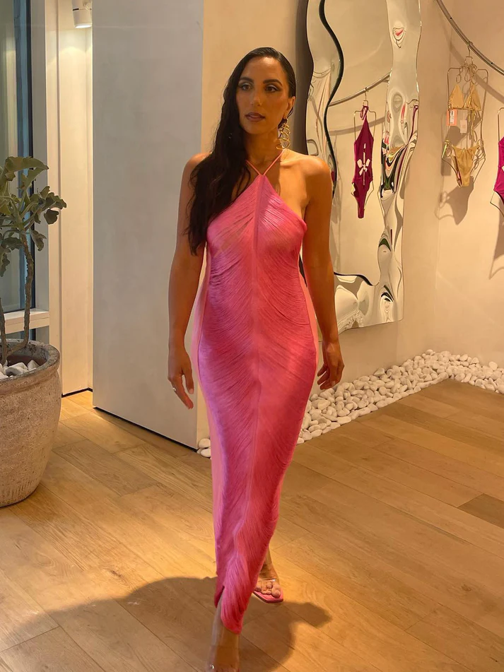 Classy Hot Pink Halter Satin Backless Prom Evening Dress,Slit Party Gown cc2916