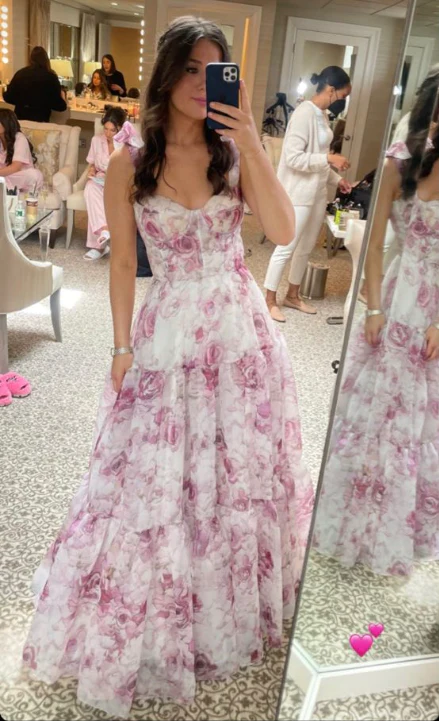 Classy Rose Print Floral Chiffon A Line Prom Evening Dress,Long Party Gown cc2951