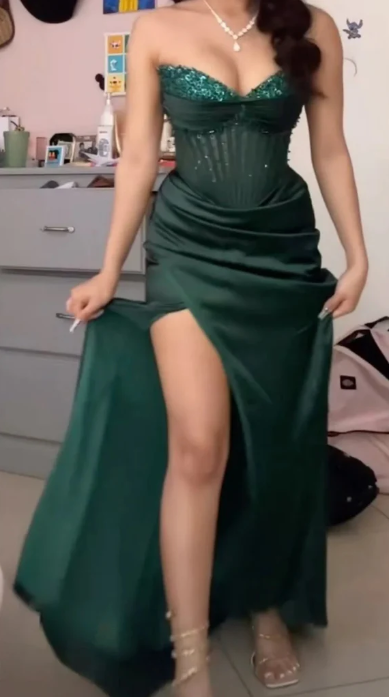Vintage Green Strapless Sequins Satin Slit Evening Dress,Mermaid Party Prom Dress cc2935