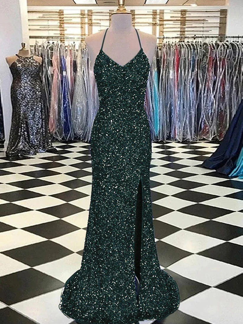 Spaghetti Straps Pink Sequins Mermaid Prom Dress C921