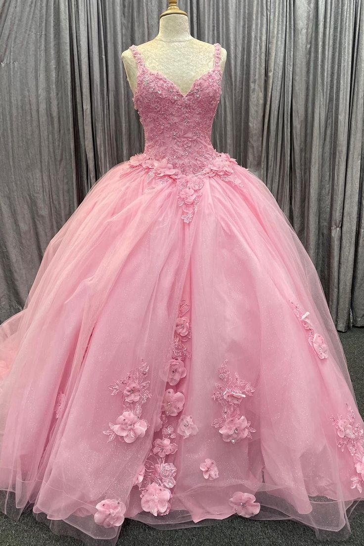 Chic Pink Tulle Floral Appliques Quinceanera Dress Two-Wear Ball Gown cc1739