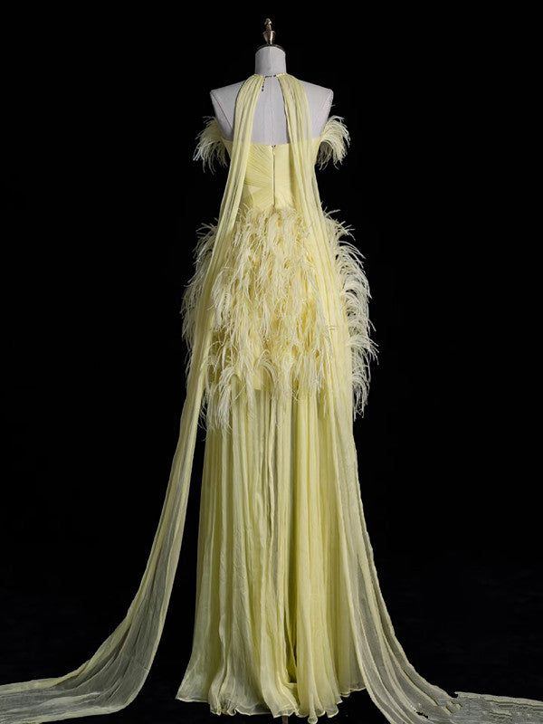 Luxury Yellow Off The Shoulder Evening Gown Chiffon Feathers Party Prom Dress With Beaded cc2430