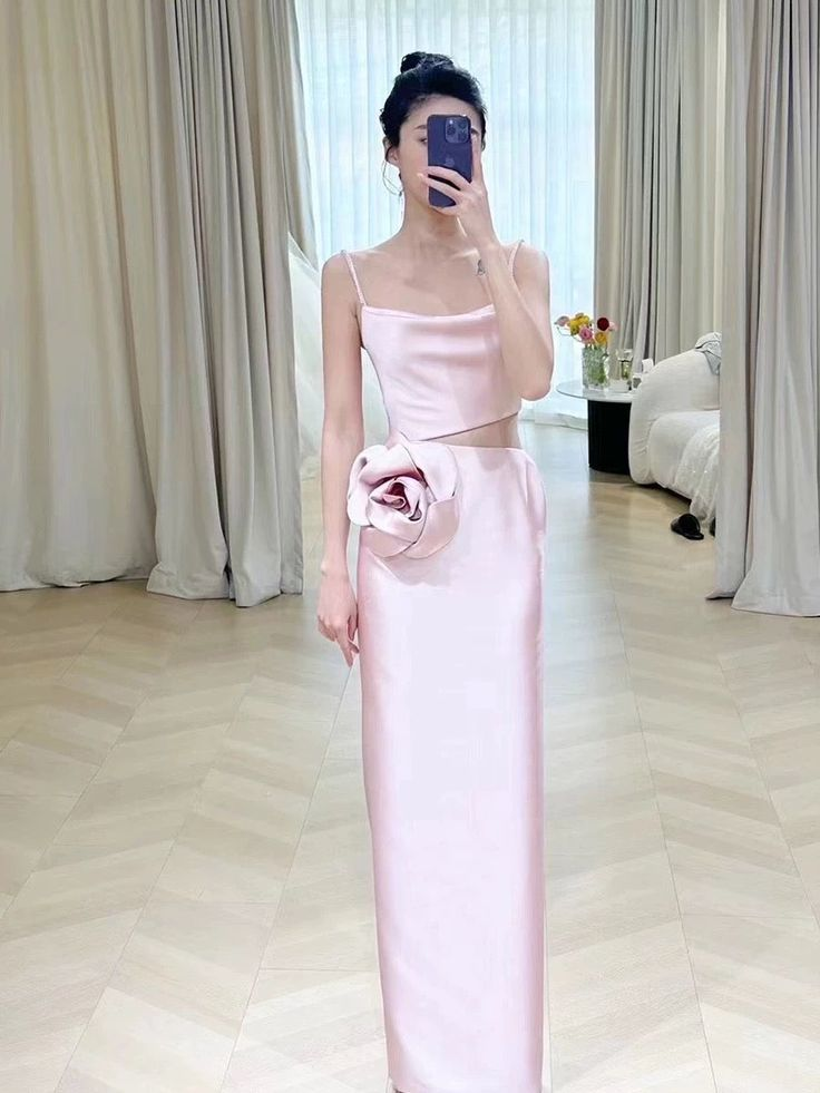 Elegant Pink Straps Sheath Prom Dress Evening Dress With Rose Flowers cc2169