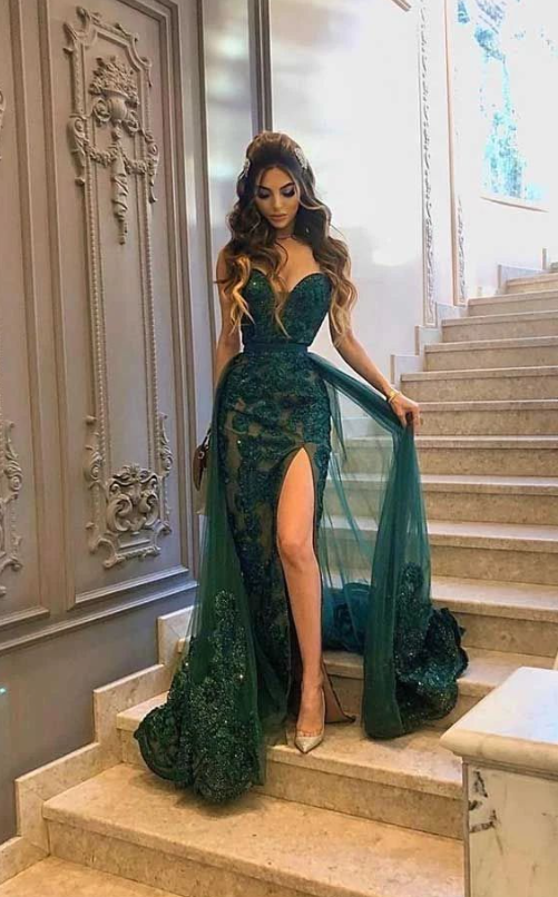 Vintage Green Tulle Appliques Mermaid Evening Dress Elegant Slit Party Prom Dress cc1774