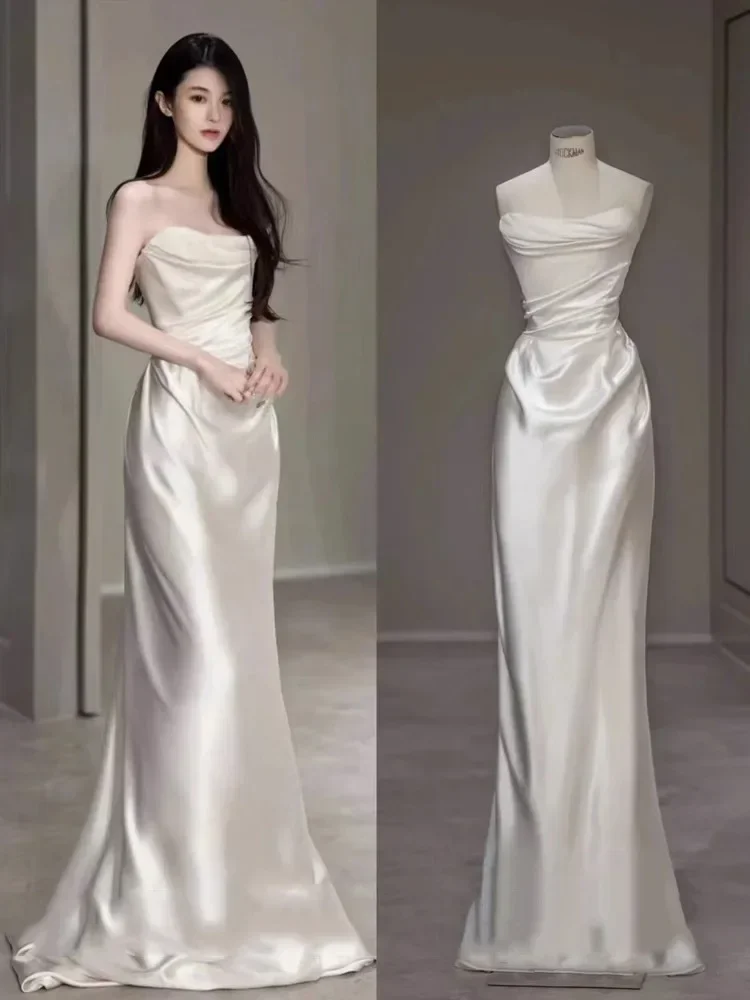 Beautiful Wedding Dress New Simple Two Wear Slim Satin White Prom Dress cc1656