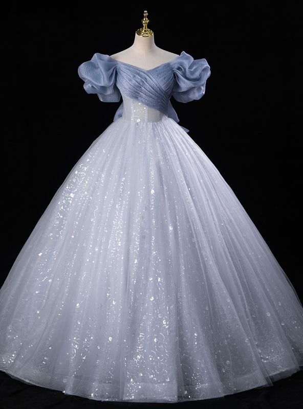 Fairy Blue Tulle Sequins Off the Shoulder Quinceanera Dress Cute Ball Gown With Bow cc1700
