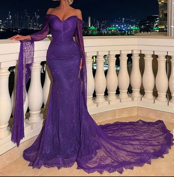 Classy Purple Lace Mermaid Evening Dress Long Party Prom Dress cc1746