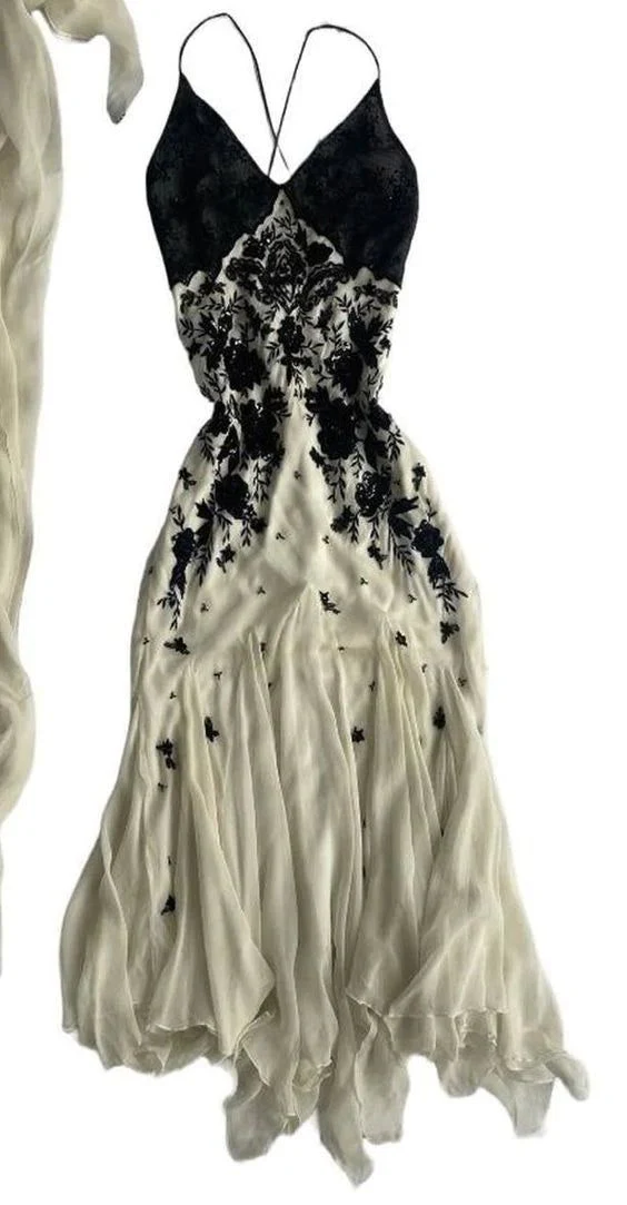 Champagne Spaghetti Straps Chiffon Lace Prom Dress, Long Evening Dress cc1393