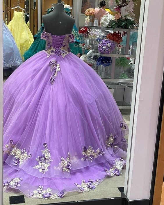 Lilac Puffy Ball Gown Quinceanera Dresses Off The Shoulder Champagne Applique Pearls 3D Flowers Sweet 16 Girls cc589