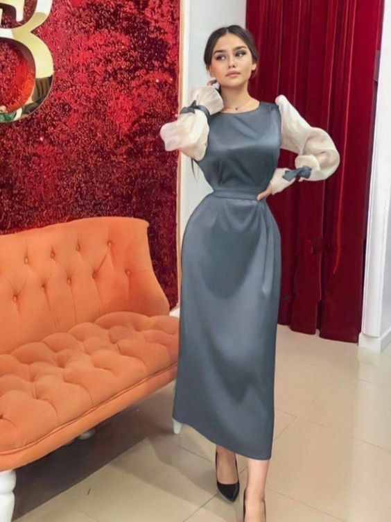 Simple Puff Sleeves Sheath Prom Dress cc1045