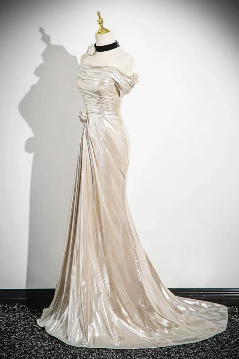 Champagne Off The Shoulder Satin Party Dress, Elegant Mermaid Evening Dress cc2647