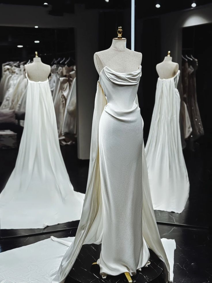 Classy Strapless White Satin Long Wedding Dress With Ruffles,Long Prom Evening Dress cc2661