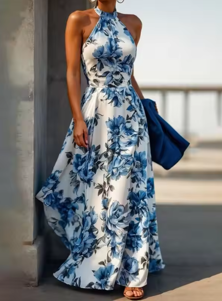 Vintage Satin Print Floral Sleeveless Party Evening Dress,Blue A Line Prom Dress cc2917
