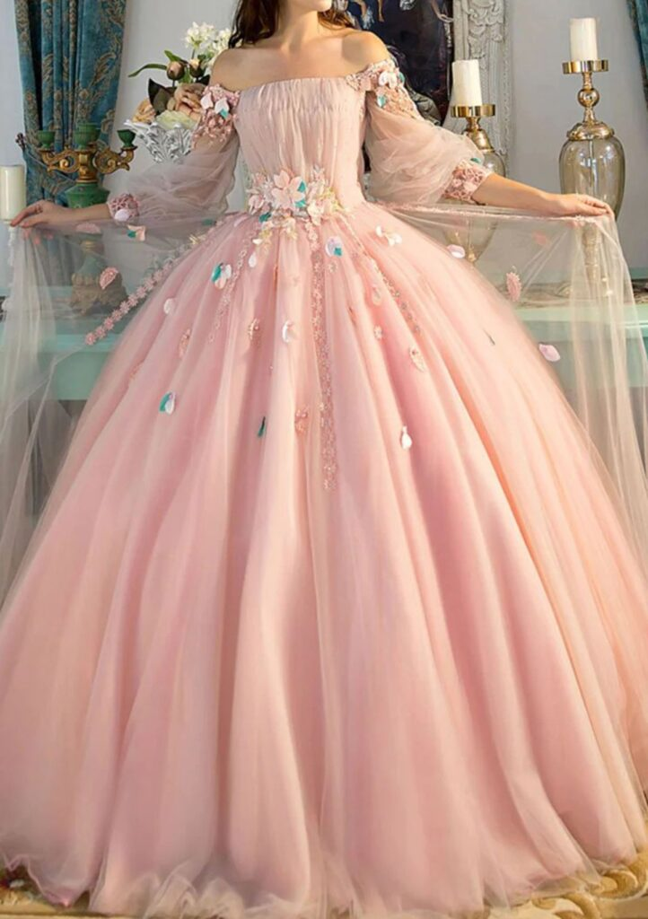 Pink Off The Shoulder Tulle Appliques Formal Prom Dress,Sweet Birthday Ball Gown cc2824