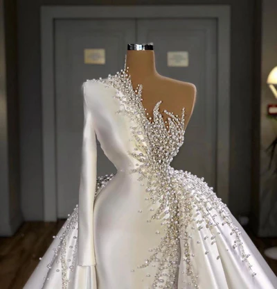 Gorgeous One Shoulder Satin White Beading Mermaid Prom Dresses C1378
