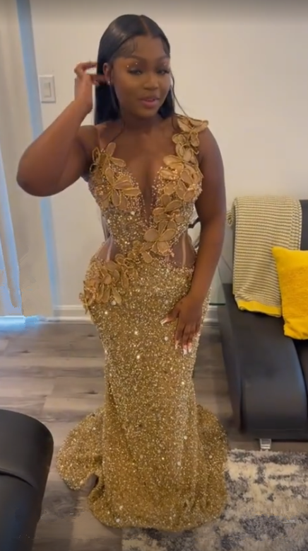 Gorgeous Gold Sequins Appliques Prom Dress Formal Mermaid Evening Dress cc2323