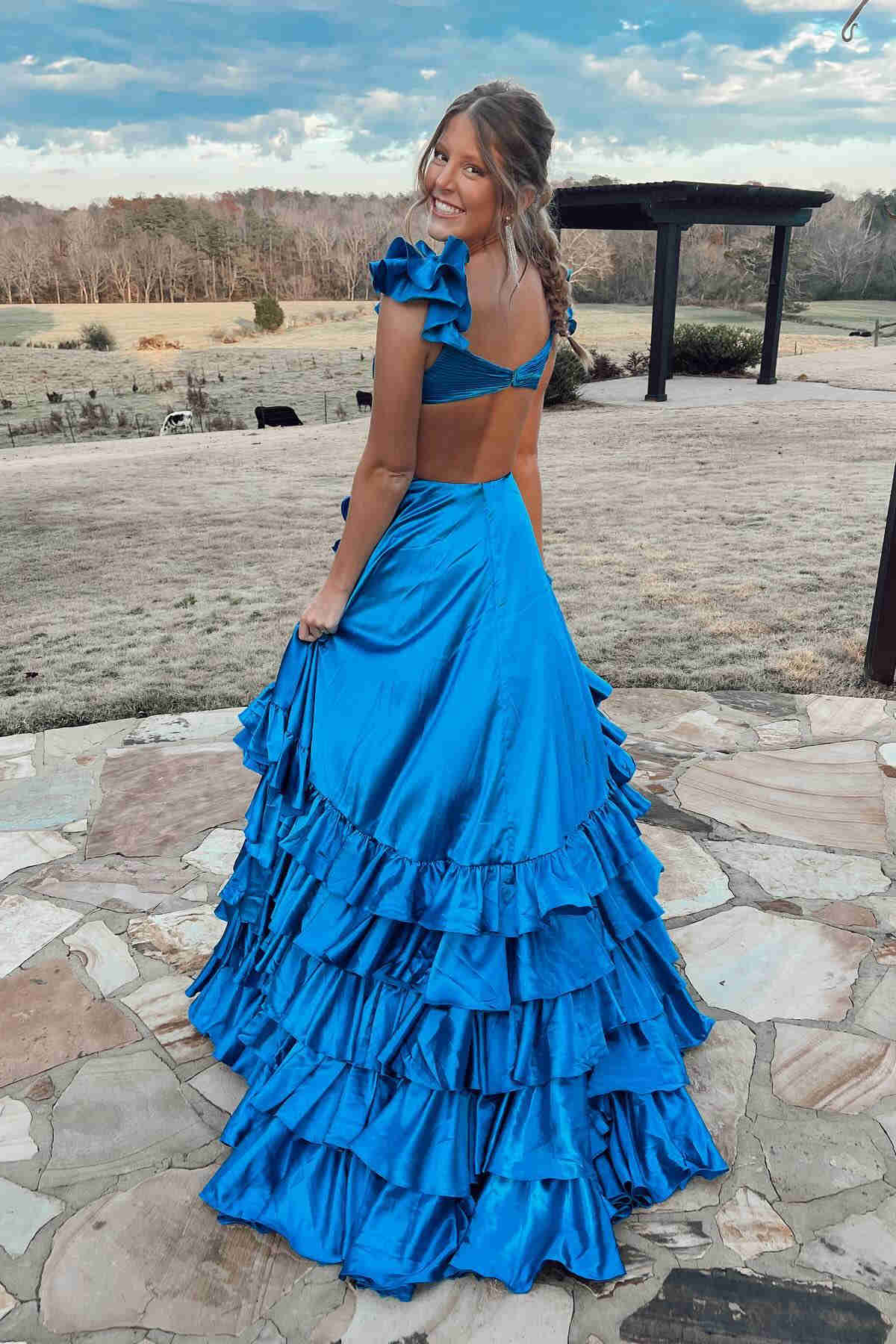 Ruffled Straps Pleated Layered Long Prom Dress cc847