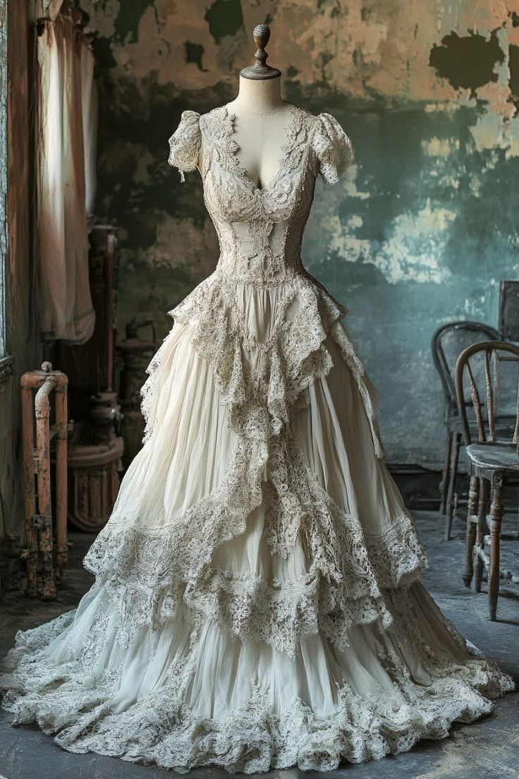 Vintage A Line Chiffon Lace Appliques Long Prom Dress,Ivory Wedding Dress Evening Dress cc2422