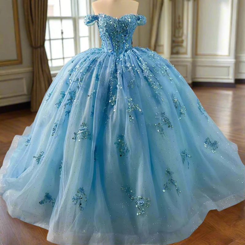 Sparkly Blue Sequins Beaded Ball Gown Luxury Off The Shoulder Sweet 16 Dress Birthday Dress cc1682