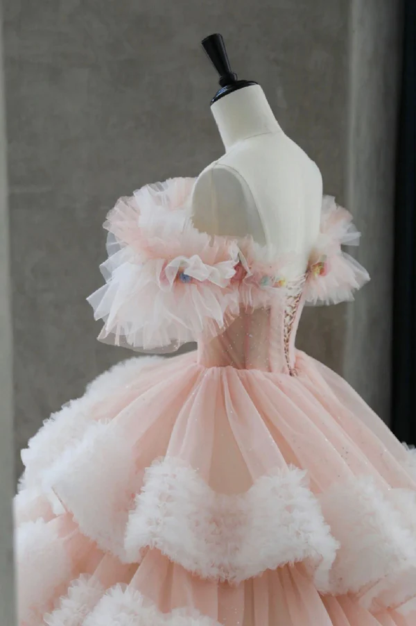 Classy Off The Shoulder Tulle Pleated Tiered Ball Gown Sweet Quinceanera Dress cc1771