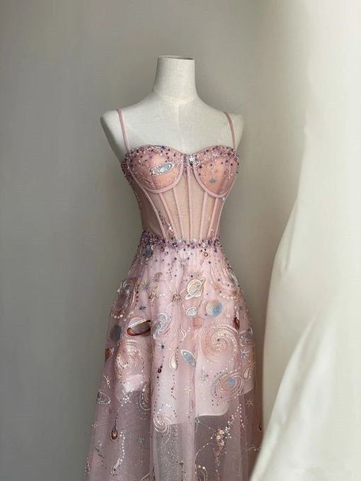 Unique A Line Long Party Evening Dress Pink Lace Prom Dress cc1643