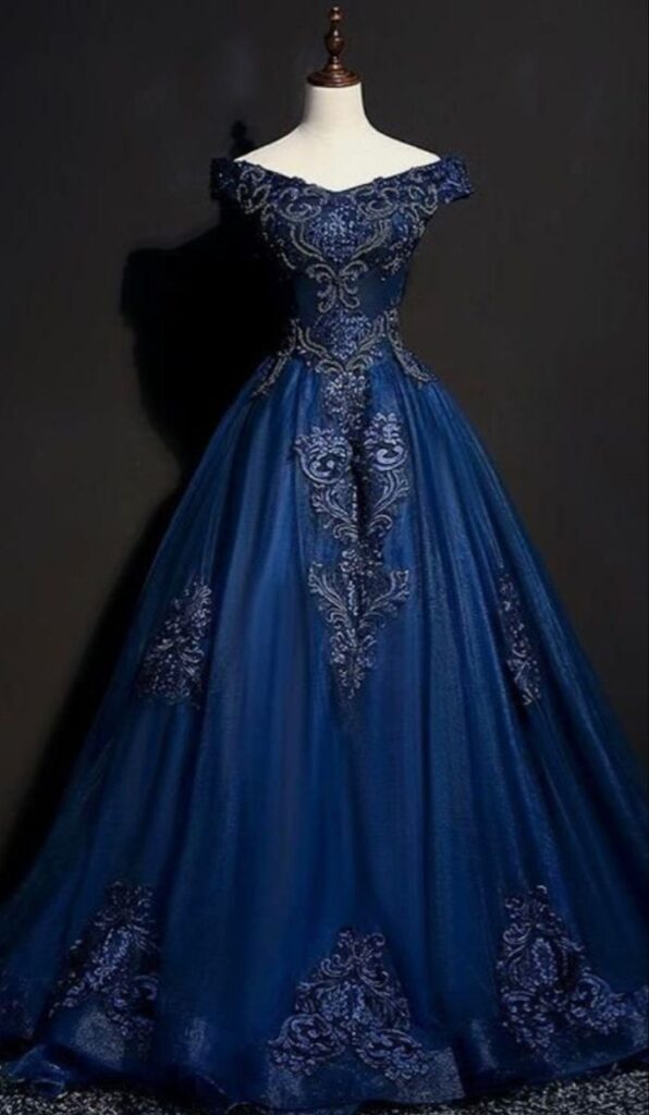 Navy Blue Tulle Appliques Evening Dress,Off The Shoulder A Line Prom Dress Birthday Ball Gown cc2827